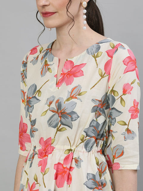 Women Cream Calf Length Three-Quarter Sleeves A-Line Floral Printed Cotton Kurta