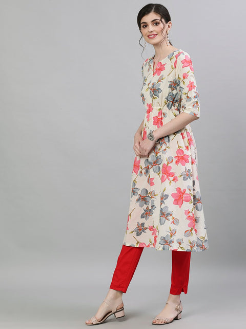 Women Cream Calf Length Three-Quarter Sleeves A-Line Floral Printed Cotton Kurta