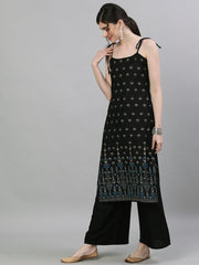 Women Black Calf Length Sleeveless Straight Ethnic Motifs Printed Cotton Kurta