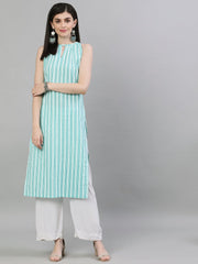 Women Aqua Green Calf Length Sleeveless Straight Striped Printed Cotton Kurta