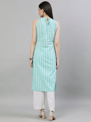 Women Aqua Green Calf Length Sleeveless Straight Striped Printed Cotton Kurta
