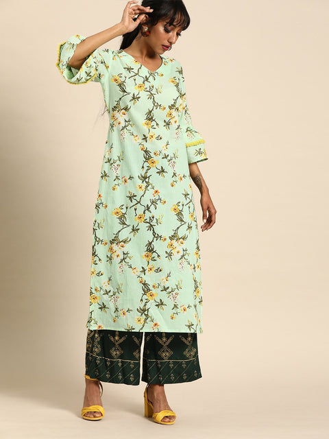 Nayo Women Green Calf Length Three-Quarter Sleeves A-Line Floral Printed Cotton Kurta