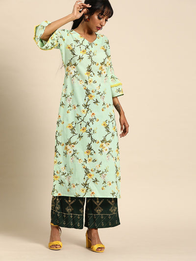 Women Green Calf Length Three-Quarter Sleeves A-Line Floral Printed Cotton Kurta