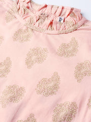 Women Pink Calf Length Three-Quarter Sleeves Straight Ethnic Motifs Printed Cotton Kurta