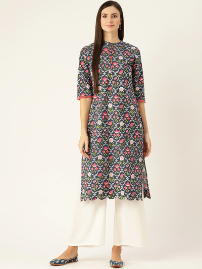 Women Blue Calf Length Three-Quarter Sleeves Straight Floral Printed Cotton Kurta