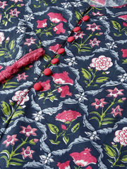 Women Blue Calf Length Three-Quarter Sleeves Straight Floral Printed Cotton Kurta