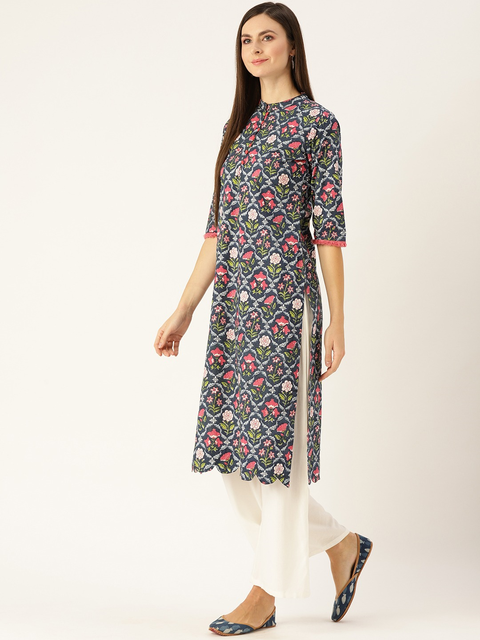 Women Blue Calf Length Three-Quarter Sleeves Straight Floral Printed Cotton Kurta