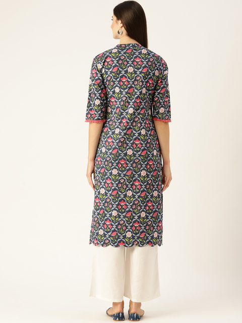 Women Blue Calf Length Three-Quarter Sleeves Straight Floral Printed Cotton Kurta