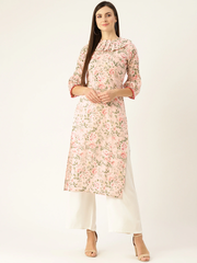 Women Pastel Pink Calf Length Three-Quarter Sleeves Straight Floral Printed  Kurta