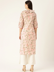 Women Pastel Pink Calf Length Three-Quarter Sleeves Straight Floral Printed  Kurta