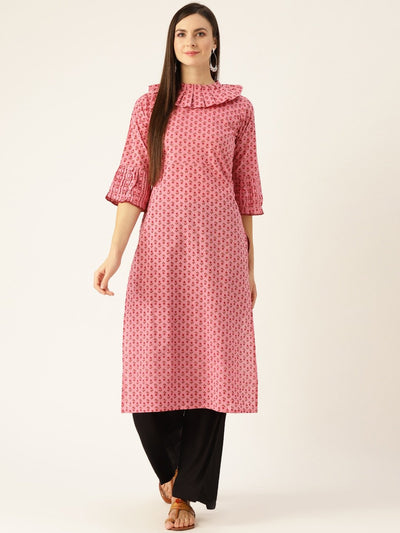 Women Pink Calf Length Three-Quarter Sleeves Straight Ethnic Motifs Printed  Kurta