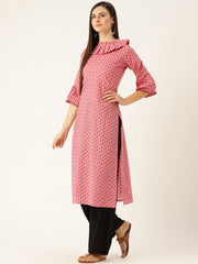 Women Pink Calf Length Three-Quarter Sleeves Straight Ethnic Motifs Printed  Kurta