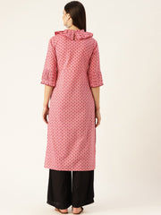 Women Pink Calf Length Three-Quarter Sleeves Straight Ethnic Motifs Printed  Kurta