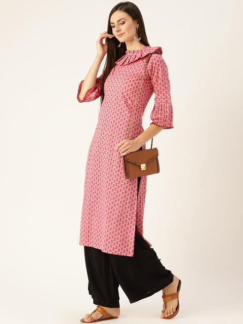 Women Pink Calf Length Three-Quarter Sleeves Straight Ethnic Motifs Printed  Kurta