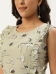 Women Grey Floral Printed Round Neck Cotton A-Line Dress