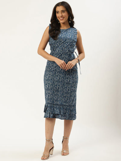 Women Blue Floral Printed Round Neck Cotton A-Line Dress