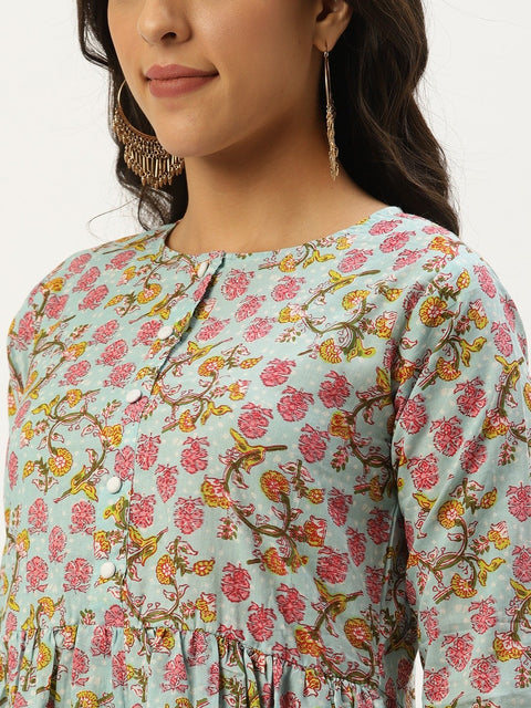 Women Sky Blue Three-Quarter Sleeves Flared Kurta and Palazzo set