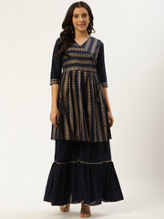 Women Navy Blue Three-Quarter Sleeves Flared Peplum Kurta and Sharara set