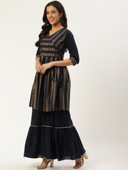 Women Navy Blue Three-Quarter Sleeves Flared Peplum Kurta and Sharara set
