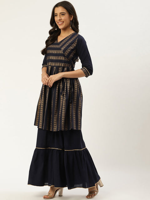Women Navy Blue Three-Quarter Sleeves Flared Peplum Kurta and Sharara set