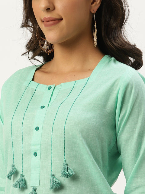 Women Green Calf Length Three-Quarter Sleeves Straight Solid Cotton Kurta