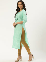 Women Green Calf Length Three-Quarter Sleeves Straight Solid Cotton Kurta