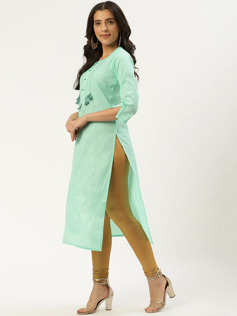 Women Green Calf Length Three-Quarter Sleeves Straight Solid Cotton Kurta