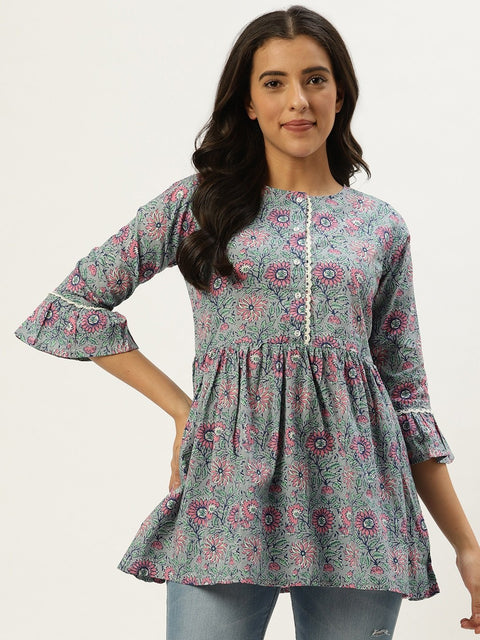 Women Grey Printed Tunic With Three Quarter Sleeves