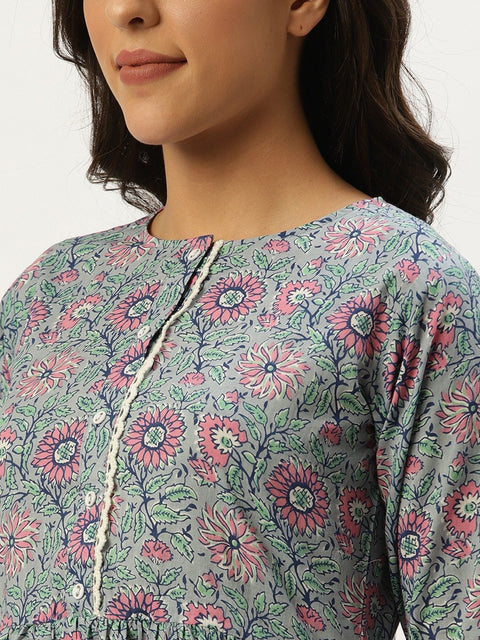 Women Grey Printed Tunic With Three Quarter Sleeves