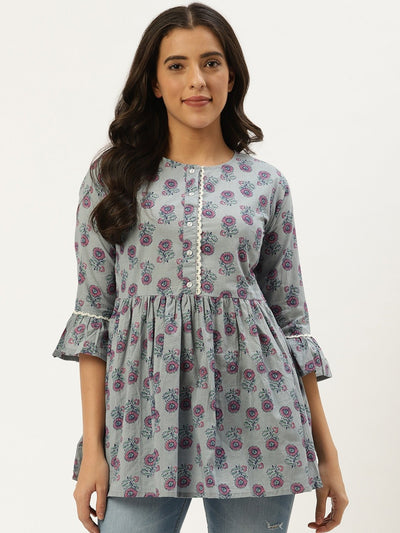 Women Grey  Printed Flared Floral Pure Cotton Kurti