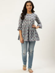 Women Grey  Printed Flared Floral Pure Cotton Kurti