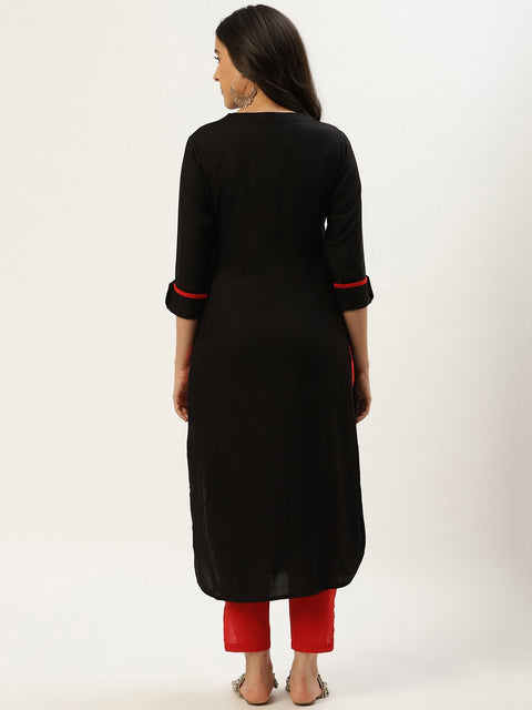 Women Black Calf Length Three-Quarter Sleeves Straight Solid Viscose Rayon Kurta
