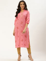 Women Pink Calf Length Three-Quarter Sleeves Straight Floral Cotton Kurta