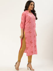 Women Pink Calf Length Three-Quarter Sleeves Straight Floral Cotton Kurta