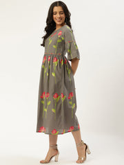 Women Grey Floral Printed Round Neck Cotton A-Line Dress