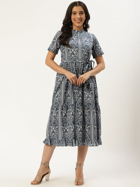 Women Blue Ethnic Motifs Printed High-neck Cotton A-Line Dress