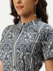 Women Blue Ethnic Motifs Printed High-neck Cotton A-Line Dress