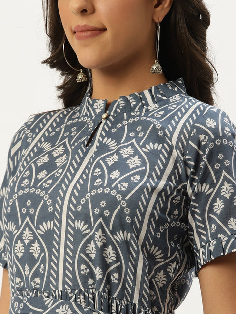 Women Blue Ethnic Motifs Printed High-neck Cotton A-Line Dress