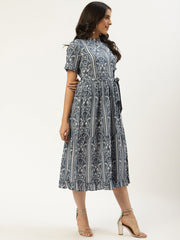 Women Blue Ethnic Motifs Printed High-neck Cotton A-Line Dress
