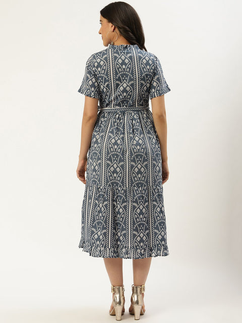 Women Blue Ethnic Motifs Printed High-neck Cotton A-Line Dress