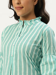 Women Aqua Green Three-Quarter Sleeves Gathered or Pleated Top