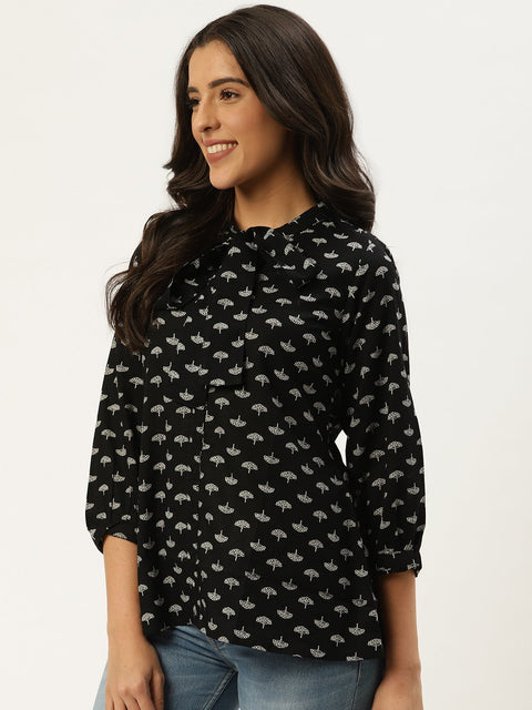 Women Black Three-Quarter Sleeves Gathered or Pleated Top
