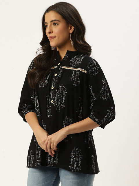 Women Black Three-Quarter Sleeves Gathered or Pleated Top