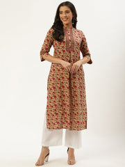 Women Beige Calf Length Three-Quarter Sleeves Straight Floral Cotton Kurta