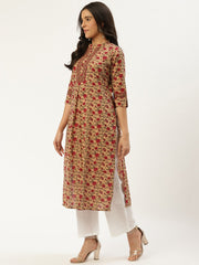 Women Beige Calf Length Three-Quarter Sleeves Straight Floral Cotton Kurta