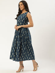 Women Indigo Blue Floral Printed V-Neck Cotton A-Line Dress