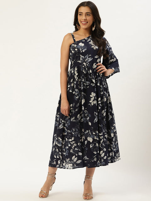 Women Indigo Blue Floral Printed One Shoulder Cotton A-Line Dress