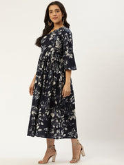 Women Indigo Blue Floral Printed One Shoulder Cotton A-Line Dress