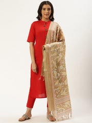 Women Red Three-Quarter Sleeves Straight Kurta and Trouser Pant set