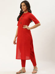 Women Red Three-Quarter Sleeves Straight Kurta and Trouser Pant set